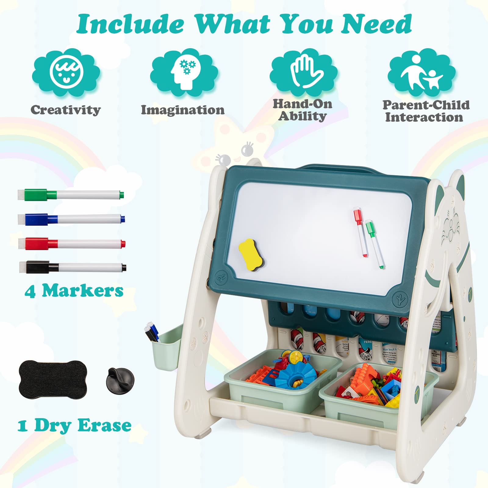 RELAX4LIFE Cavalletto Magnetico per Bambini 3 in 1 con Sgabello Regolabile in Altezza, Libreria per Bambini e Tavolo con Lavagna Cancellabile a Secco, 2 Scatole Portaoggetti, a Forma di Gatto