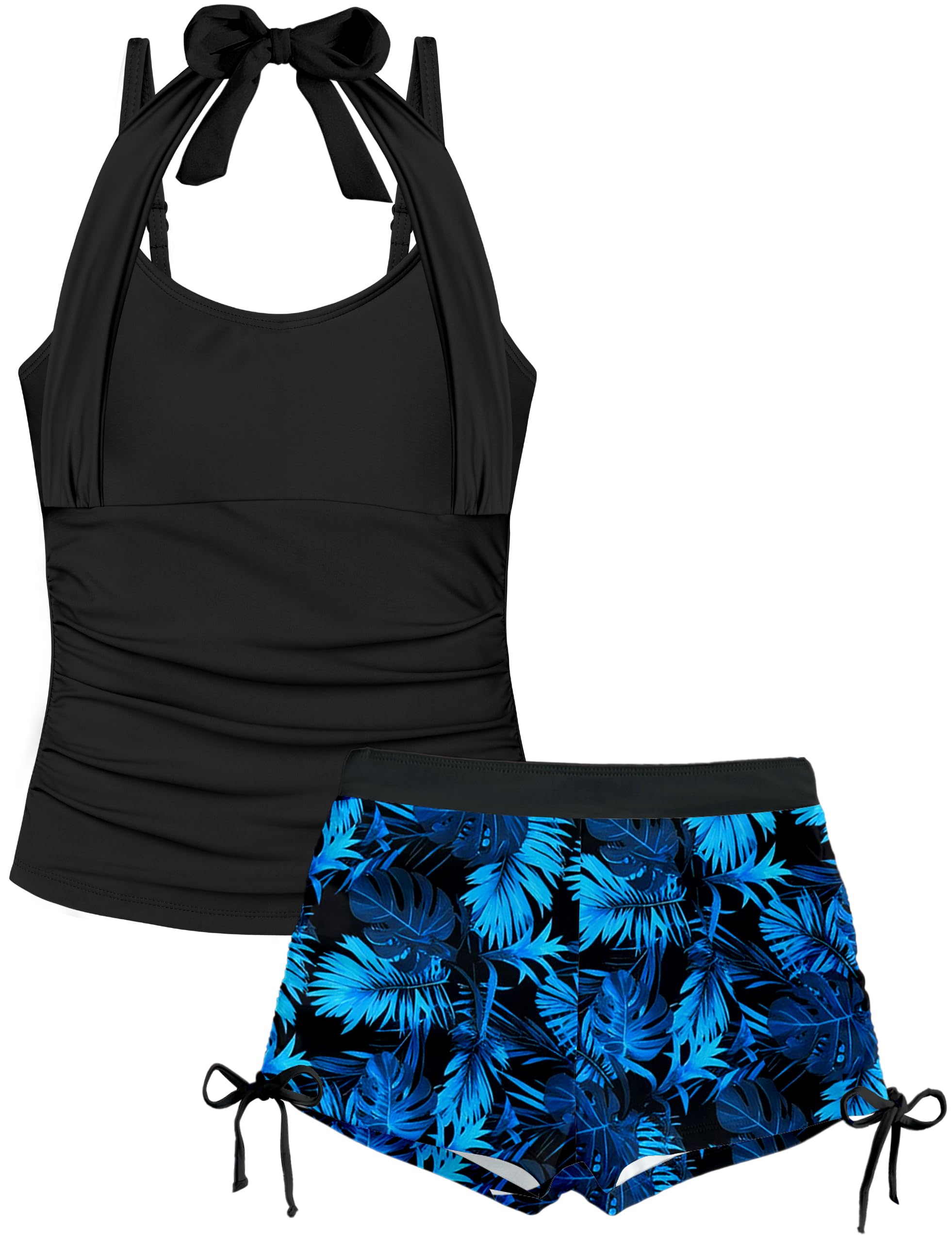 Girls Swimsuit 2 Piece Halterneck Girls Tankini Swimsuit Drawstring Printed Swim Shorts Girl Bathing Suit for 7-18T