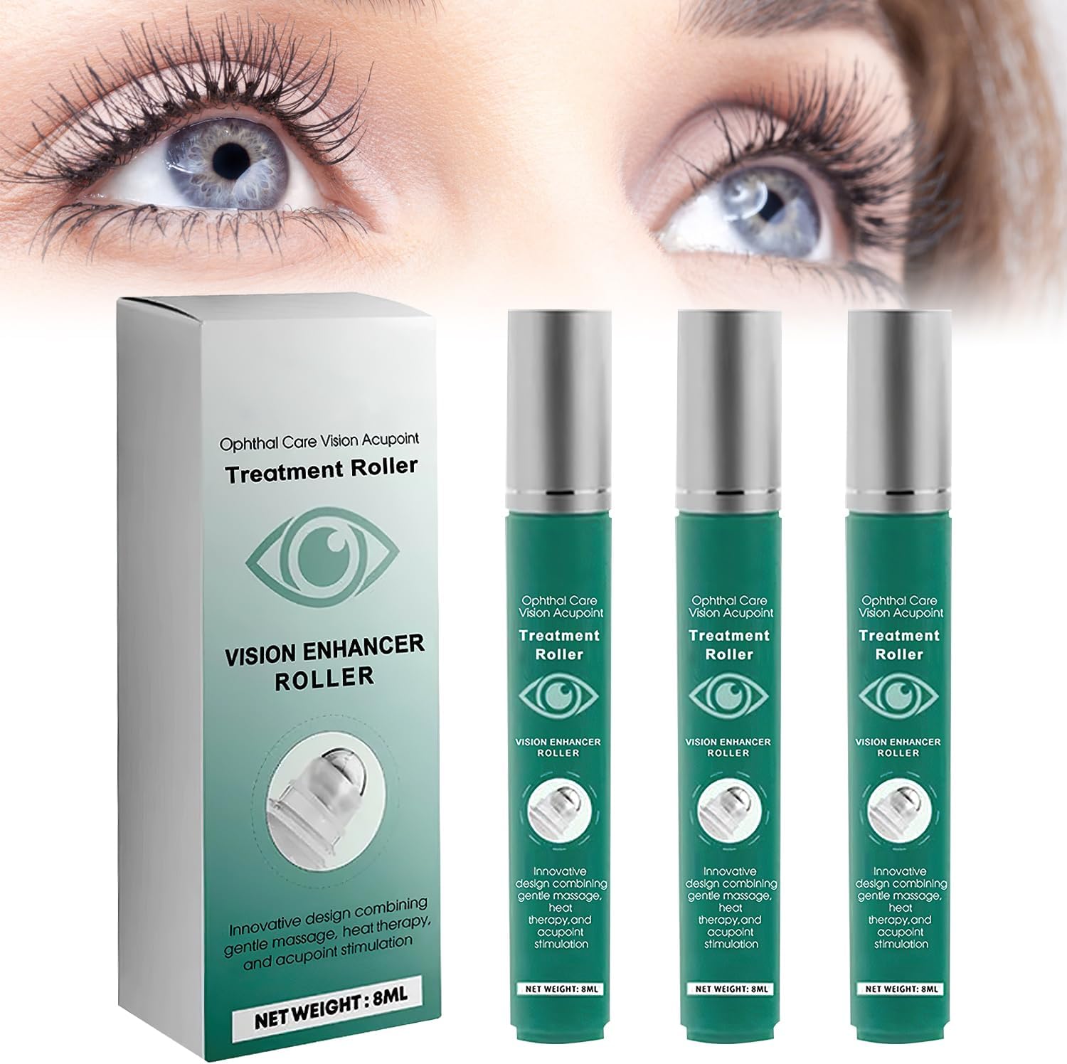 Vision Enhance Massage Roller, Eye Roller to Enhances Visual Clarity, Natural Vision Enhancer Roller, Relieve Eye Strain, Fatigue, and Discomfort 8 ml (3 Pcs)