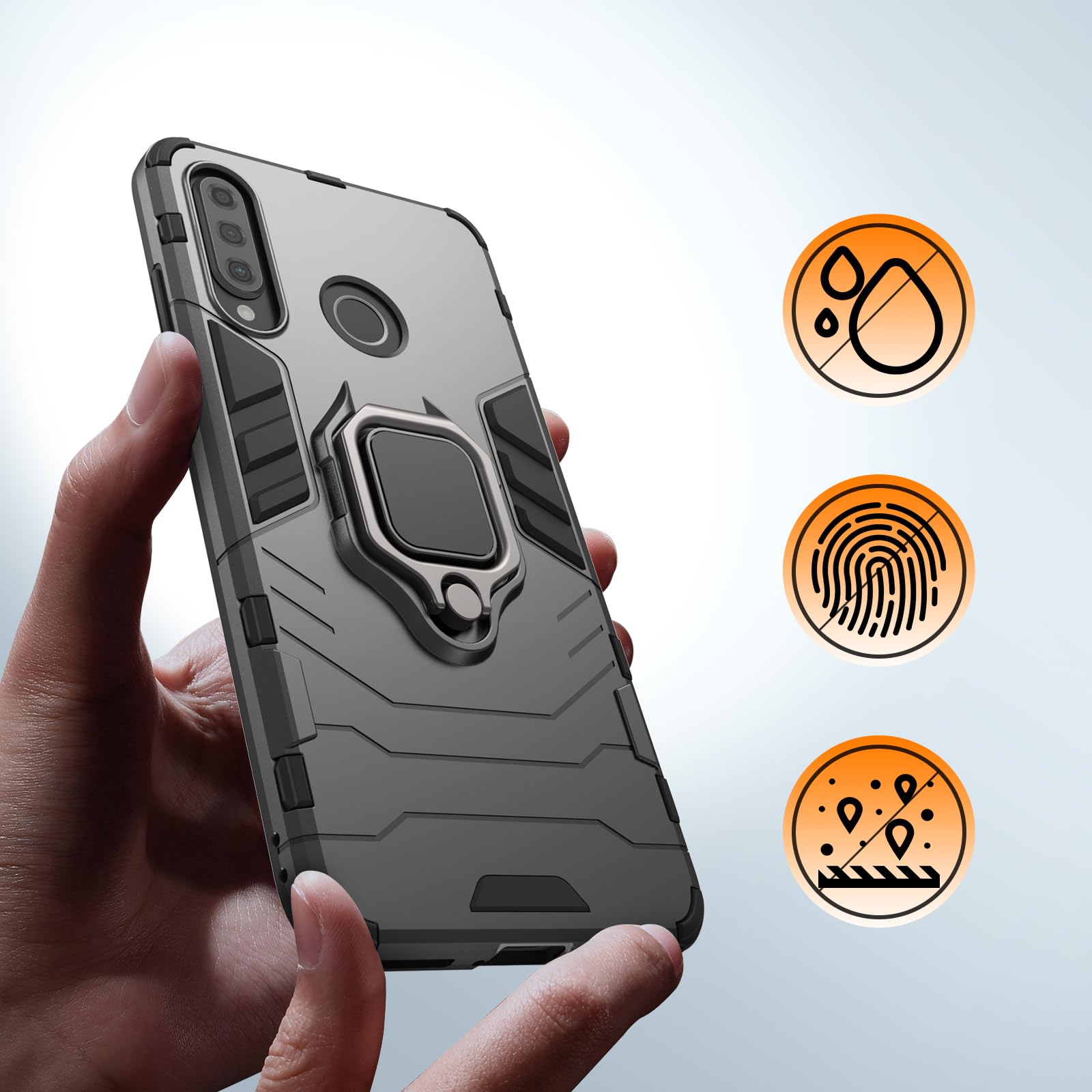 Case For Huawei P30, Shockproof Cover With 360° Metal Ring Stand, Anti-Scratch Hard Protective Case, Full Body Bumper Case With Camera Protection - Black - View #5