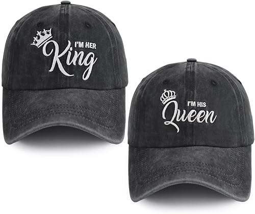 2 gorras con texto en inglés "I I'm Her King and I'm His Queen" para hombres y mujeres, ajustable de algodón lavado a juego para bodas, parejas,