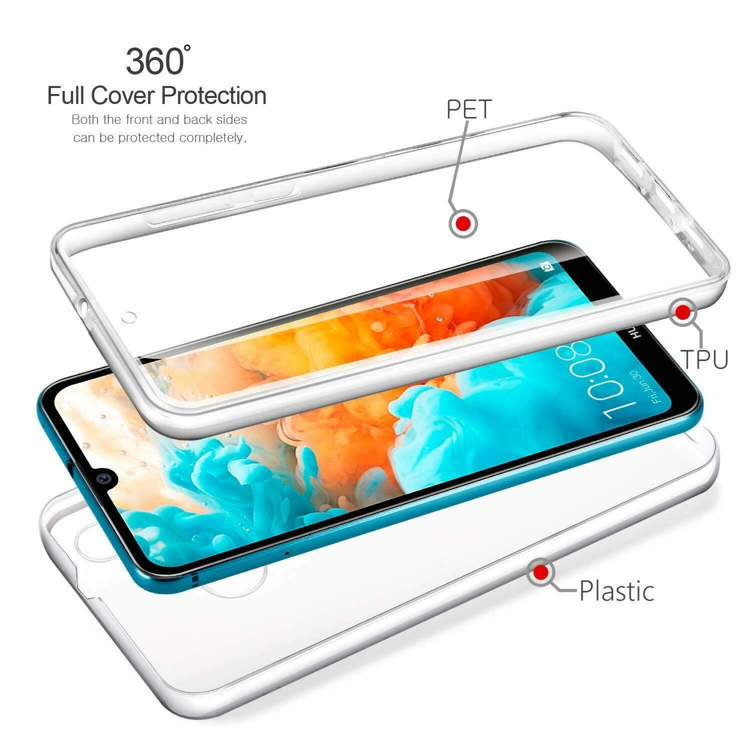 COPHONE Cover 360° Per Huawei Y6 2019 – Trasparente, Morbida Anteriore E Rigida Posteriore, Antiurto