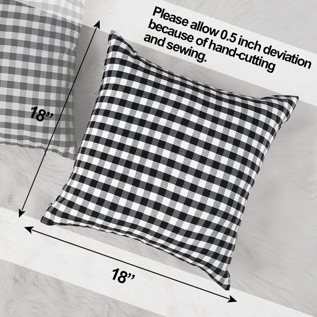 CARRIE HOME Black Plaid Throw Pillow Covers 18x18 Set of 2 Black and White Gingham Pillow Covers 18x18 Farmhouse Decor for Bedroom and Christmas Holiday