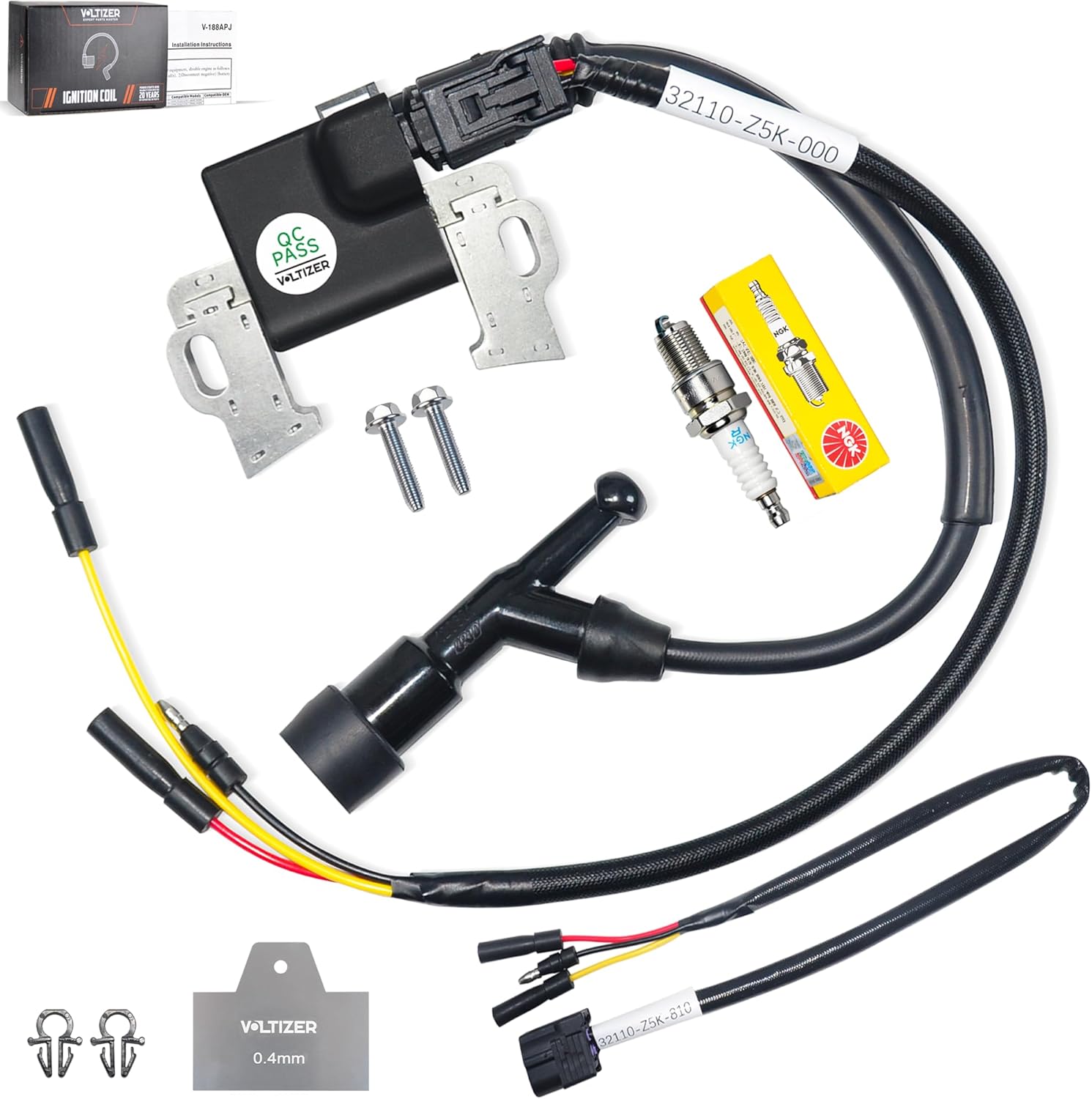 VOLTIZER 30500-Z5T-003 30500-Z5T-004 for Honda GX390 Ignition Coil – 4-Prong Module with Wire Harness 32110-Z5K-000 (Recoil-Start) & 32110-Z5K-810 (Electric-Start) – Includes NGK BPR5ES Spark Plug