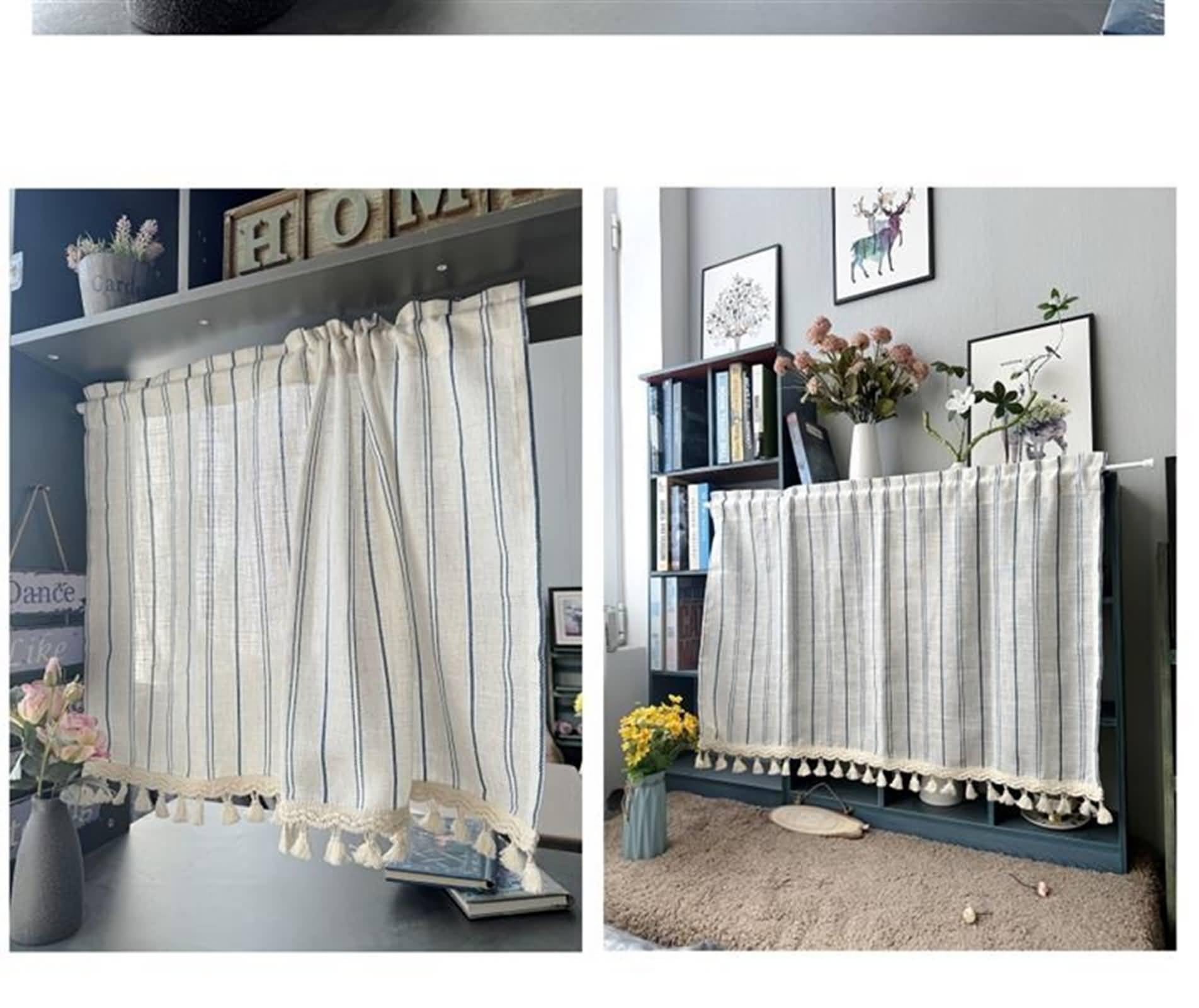 Gardinen Modern Wohnzimmer, 1 Stück 200x50cm Scheibengardine Küchengardinen Bistrogardine Halb Transparent Stores Streifenmuster mit Quaste aus Leinengarn, Vierklauen-Haken, Beigeweiß Marineblau