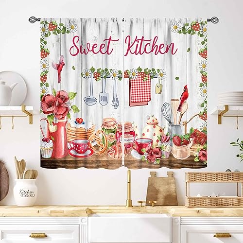 Miniatura 46 de Cortinas Rústicas de Cocina, Tenedor Cuchara Retro Tablón de Madera Granja País Tema de Cocina Citas Divertidas Tratamiento de Ventana para