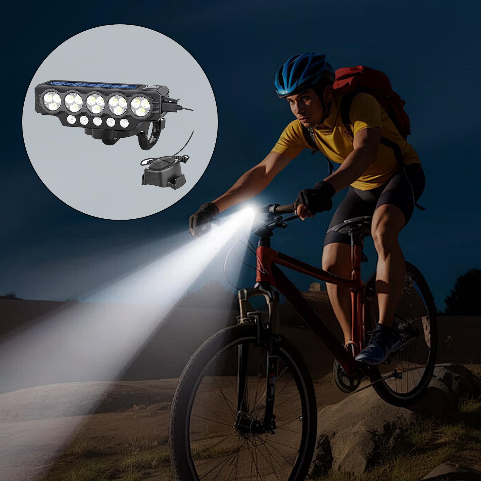 Frontlicht für Fahrrad, Solar-Vorderlicht für Nachtfahrten, Taschenlampe mit hoher Helligkeit mit USB wiederaufladbar für Elektro-Scooter Mountain Bike Nacht Pendler