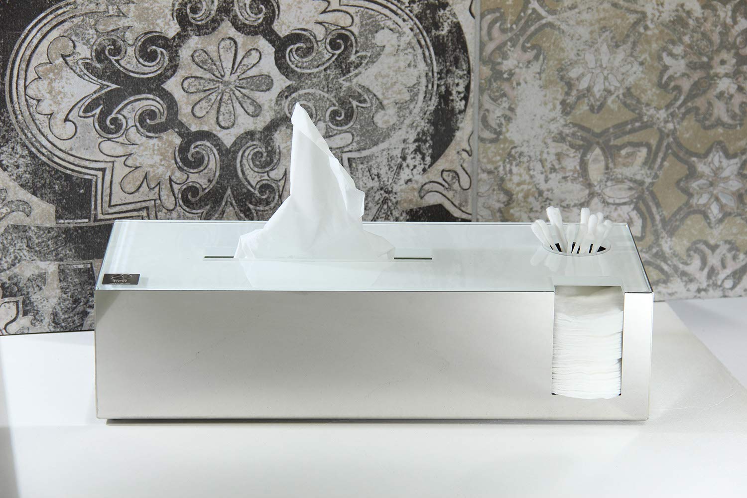 Schönbeck Tissuebox Kombibox aus Edelstahl & Glas – Kosmetiktücherbox, Wattepadhalter, Wattestäbchenhalter – Bad Organizer & Aufbewahrung – Design Box – Made in Germany (Poliert/Weiß)