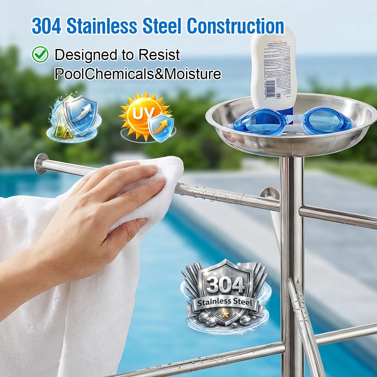 Abimars Pool Towel Rack Outdoor, 5ft Tall 304 Stainless Steel Hot Tub Towel Rack Outdoor with Marble Weighted Base, Tip-Resistant & Pool-Chemical Resistant, Mirror-Polished & Easy to Clean