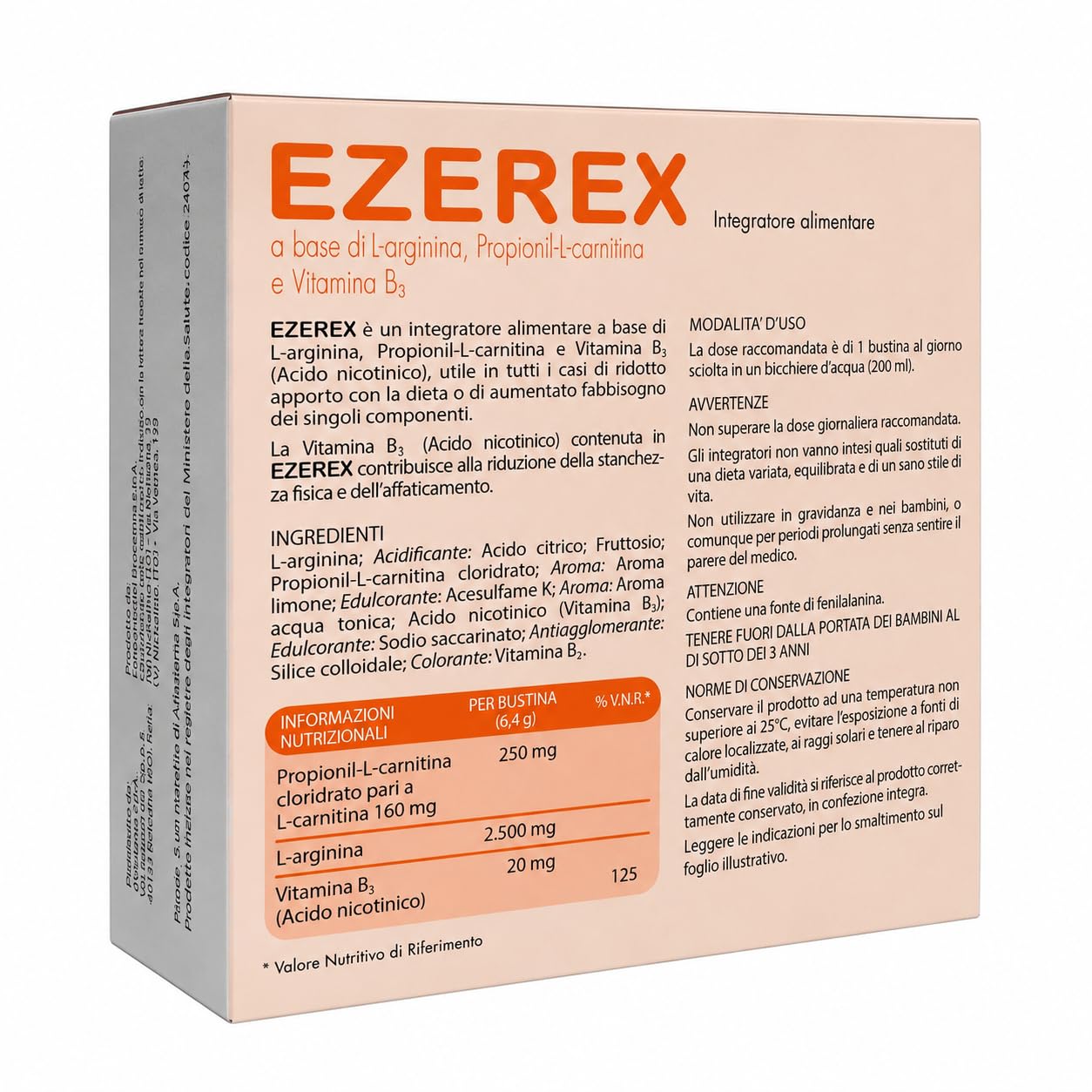 Integratore Alimentare a base di L-Arginina, Propionil-L-Carnitina e Vitamina B3 - Senza conservanti, con edulcoranti, con fruttosio - 20 bustine