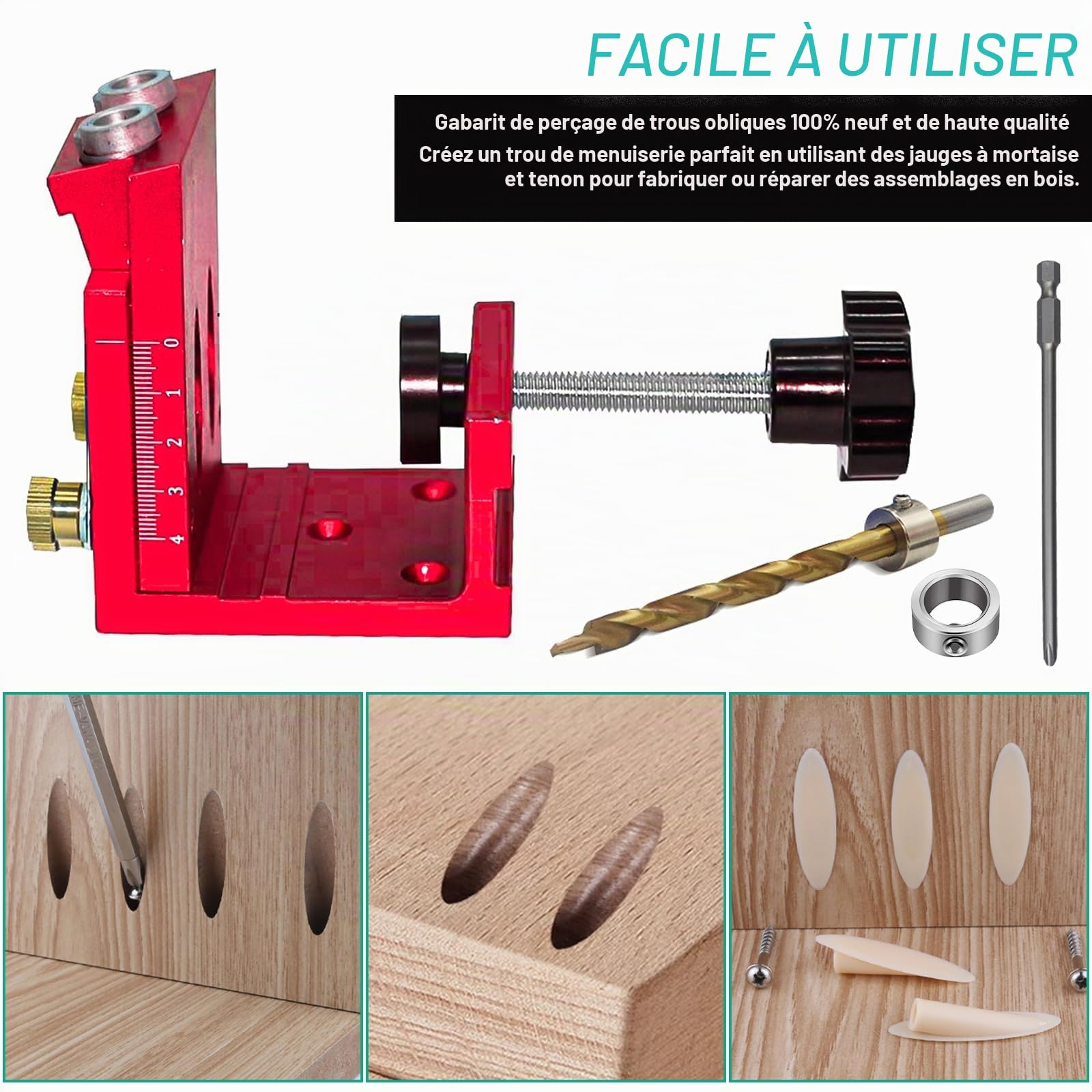 Adjustable Kit d'outils de Gabarit de Percage Oblique pour Menuiserie, Bleu Amovible Pocket Hole Jig, Avec 2 Forets de 9 mm, pour le Travail du Bois et la Fabrication de Meubles (Rouge)
