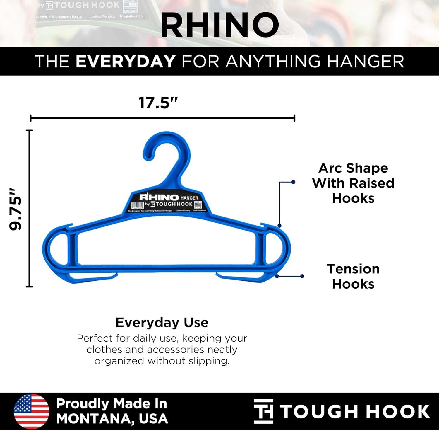 Rhino Tough Hook Heavy Duty Clothes Hangers – Made in USA, Military Grade Coat Hanger for Body Armor – 200-lb Capacity Suit Hangers – The Everyday for Everything, The Indestructible Hanger, 1 Blue - Image 5