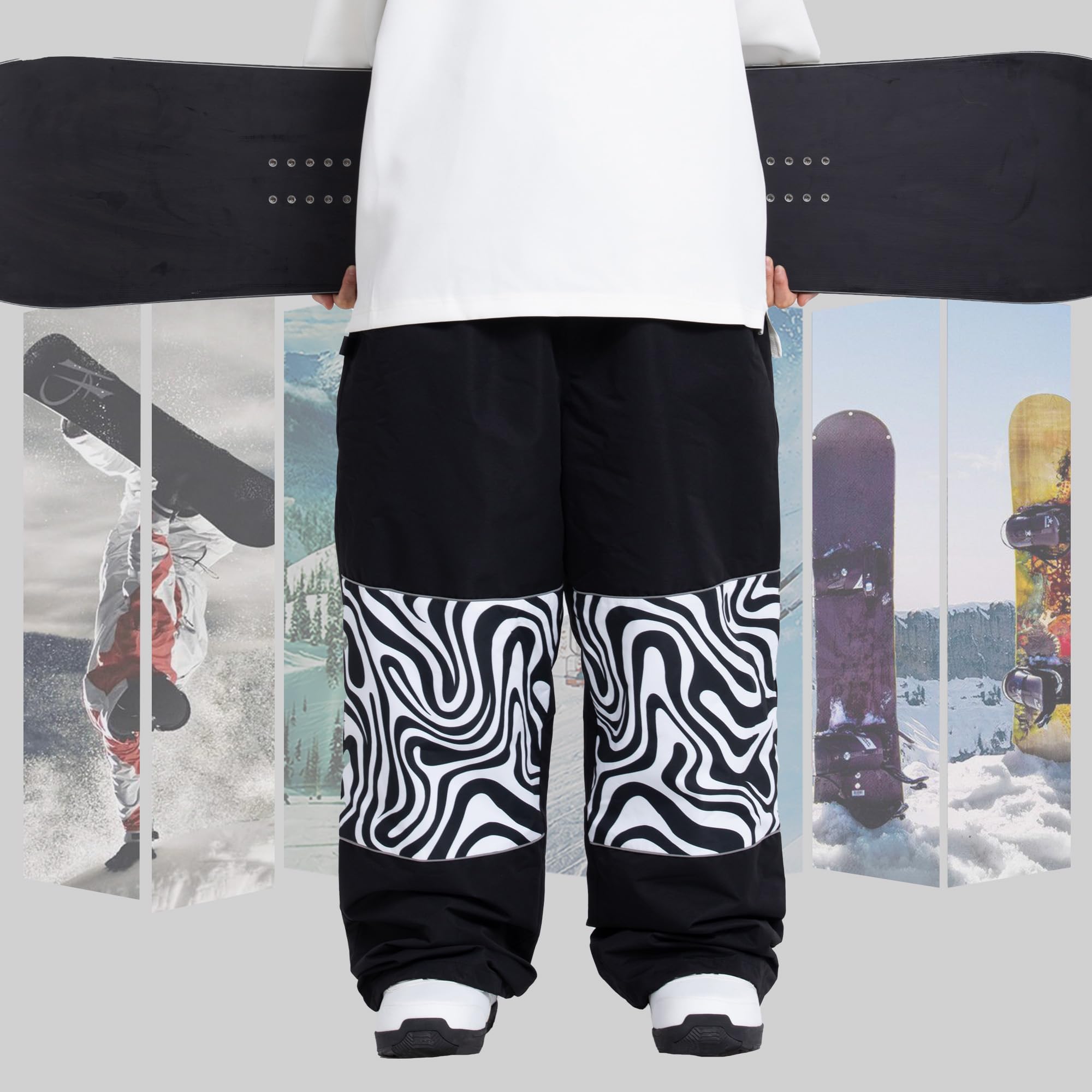 SNOWVERB Skihose für Damen und Herren, Baggy, Cargohose, Knie, reflektierende Grafik, lässige Schneehose, wasserdicht, lockere Passform, Snowboardhose