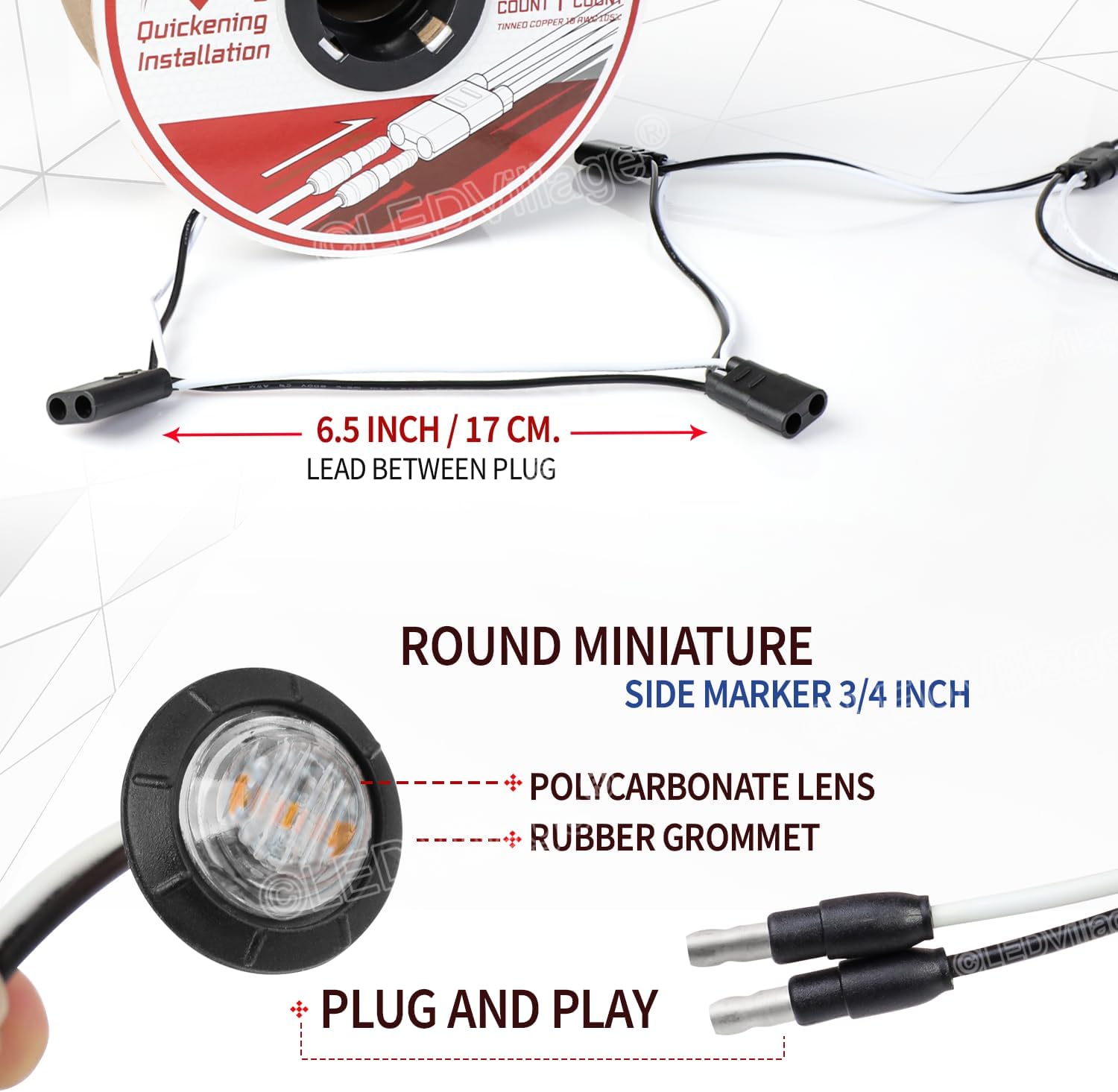 50 Pcs 3/4 Inch Side Marker Clear Lens Amber Light with Connector and 2 Prong Harness Roll Female Plugs (50 Counts) Indicator Light, Clearance Light for Truck Trailer Pickup