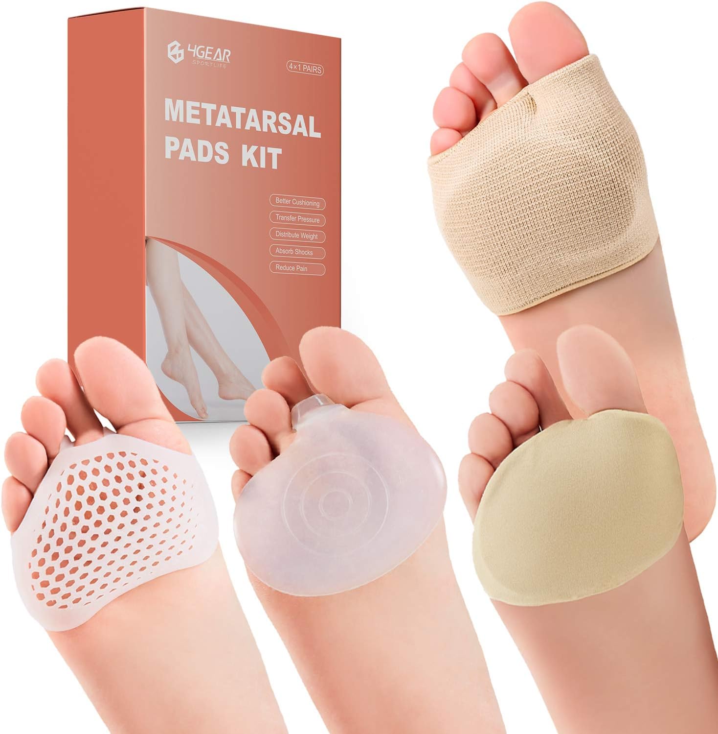 Metatarsal Pads Ball of Foot Cushions Kit - 8pcs- Metatarsal Gel Sleeves & Silicone Ball of Foot Pads - Great for Metatarsalgia, Bunion, Mortons Neuroma & Forefoot Pain Relief (Small)