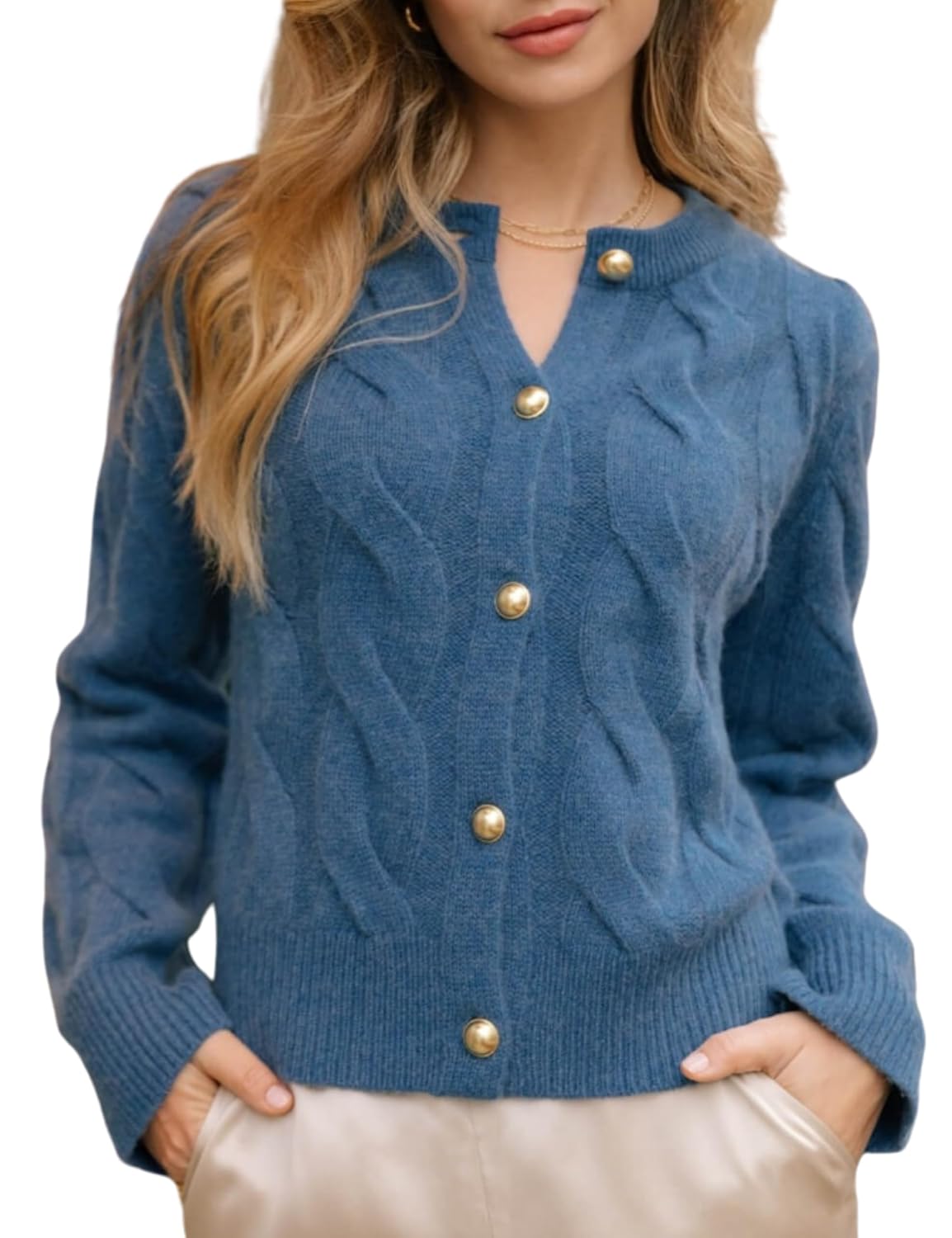 Omoone Short Cardigan Sweaters for Women Loose Crewneck Cable Knit Tops Casual Chunky Button Up Fall Outfits