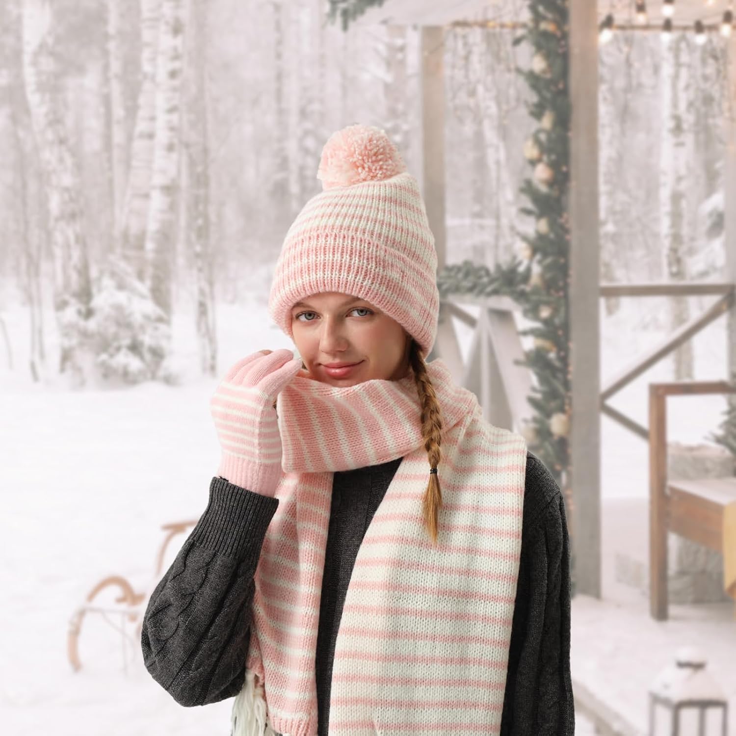 Winter Beanie Hat Scarf Gloves Set for Women Warm Fleece Knit Pompom Hat Long Scarf Touchscreen Gloves Winter Sets - Image 6