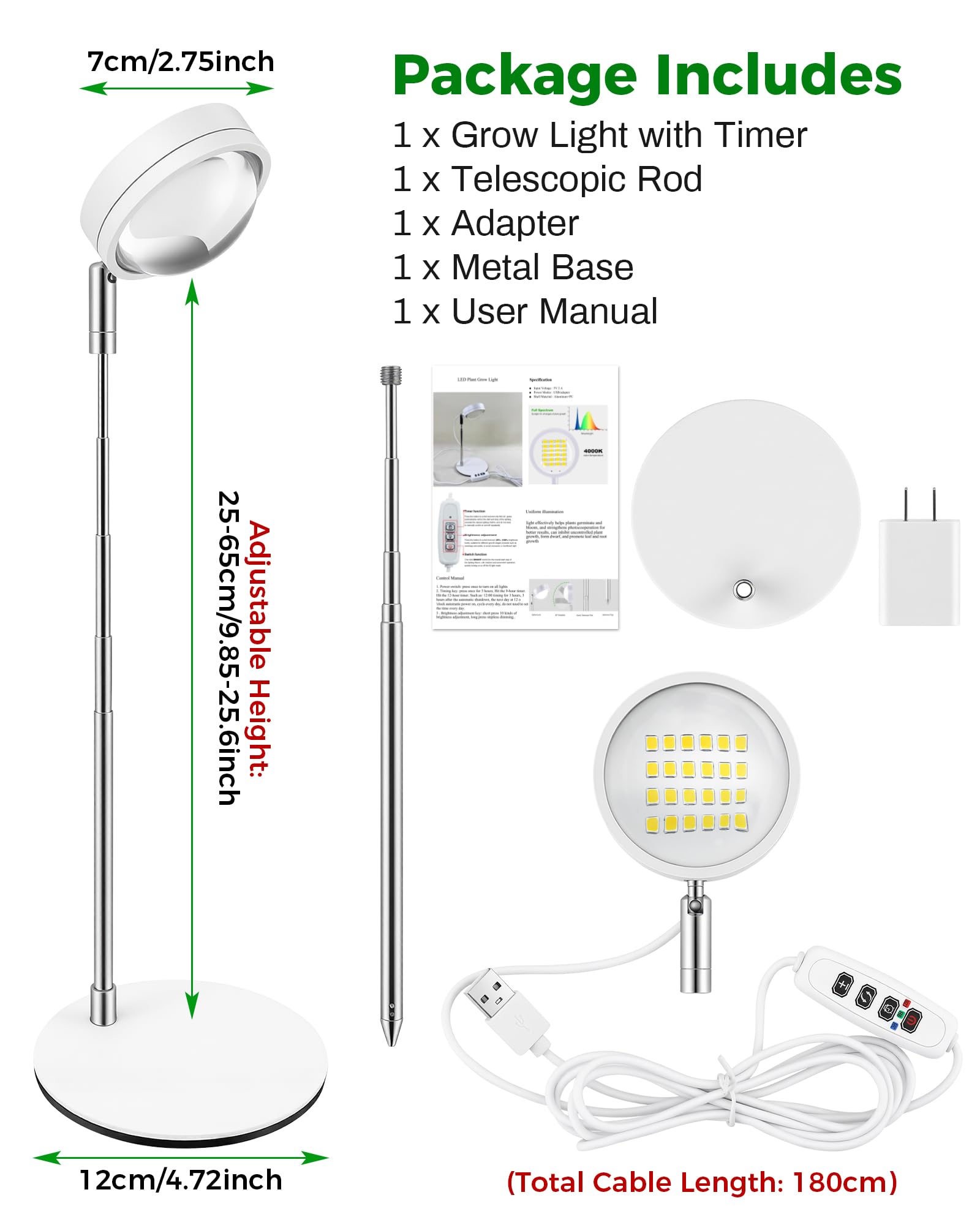 Luz de cultivo de plantas, luces de crecimiento de espectro completo con base de metal, lámparas de cultivo de plantas de escritorio con temporizador de encendido automático 3/9/12H, 6