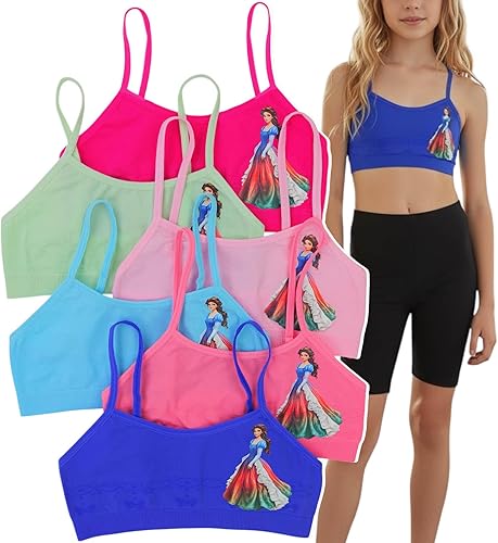ToBeInStyle Paquete de 6 sujetadores de entrenamiento con estampado divertido sin varillas y sin relleno para niña