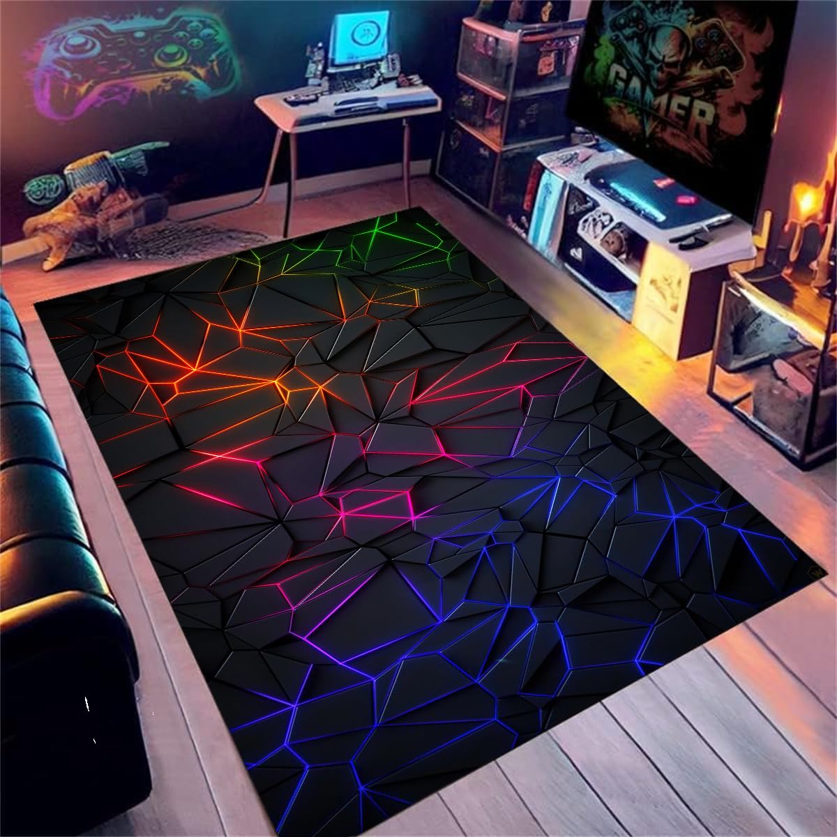 Gaming Teppich Jugendzimmer Bereich Teppich Gamer Jungen Kinder Modernes Design Neon Vision 3D Druck Gaming Teppich Kinder Zimmer Deko Anti-Rutsch-Fußmatten (Rot und Blau,140x200cm)