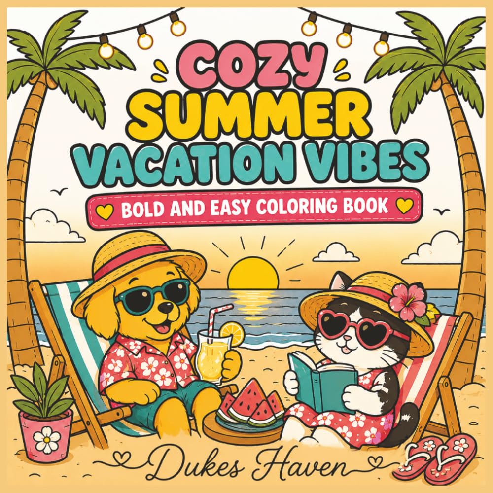 Cozy Summer Vacation Vibes: Cute Beach, Camping & Tropical Getaway Scenes for Relaxing Stress Relief and Bold Easy Coloring Fun (Cozy Vibes Bold and Easy coloring books)