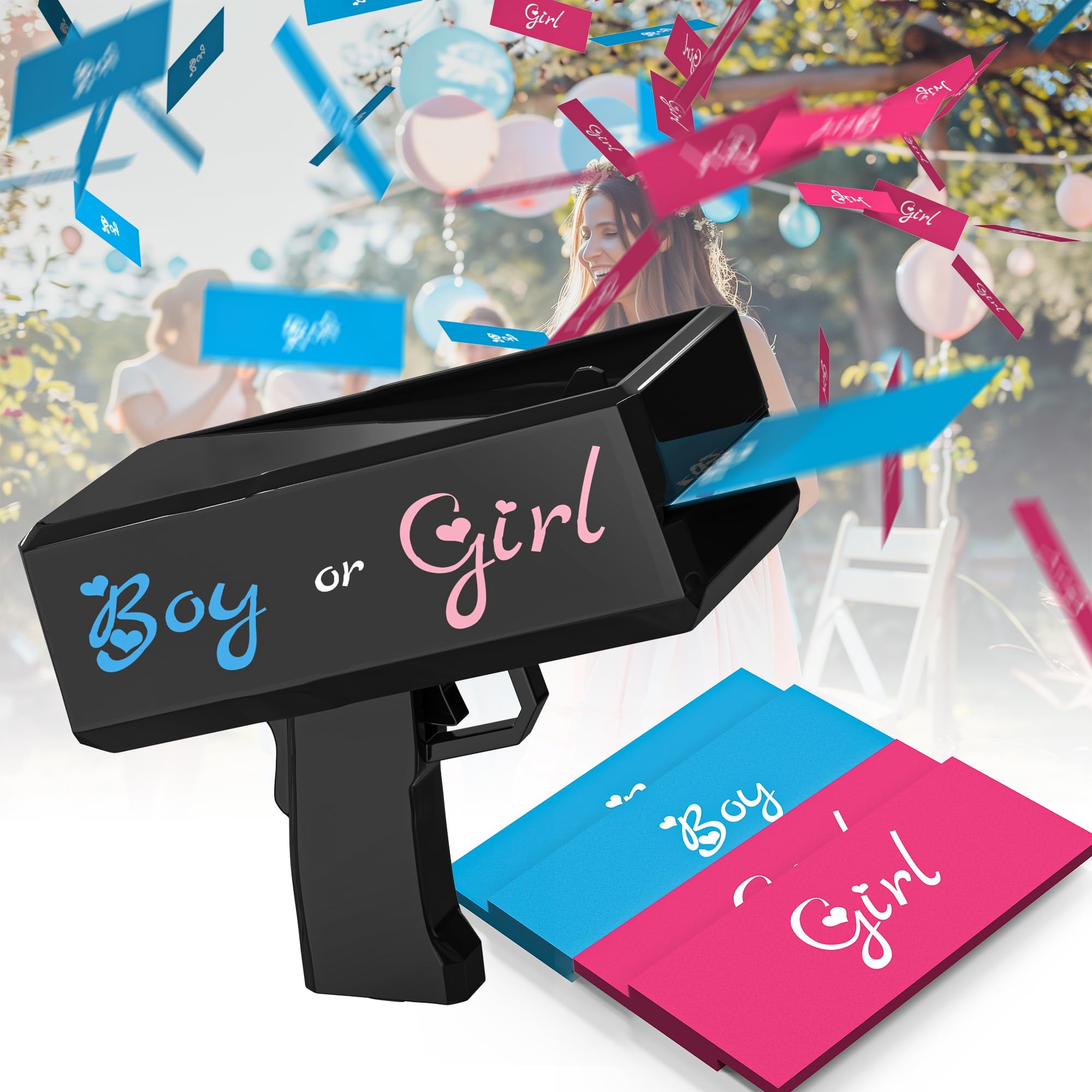 Gender Reveal Money Gun Shooter with Pink and Blue Prop,Gender Identification of Boys and Girls,Handheld Spray Gun for Party