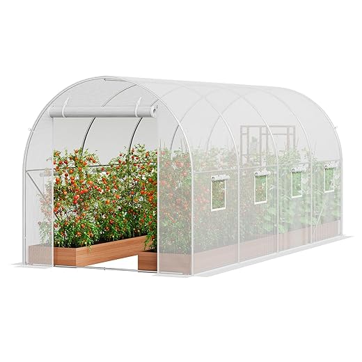 VEVOR Walk-in Tunnel Greenhouse, 14.6x6.4x6.3 ft Hoop House Greenhouse Tunnel, Plant Hot House with Galvanized Steel Frame, White PE Cover, Roll-up Zipper Door and 8 Windows for Outdoor