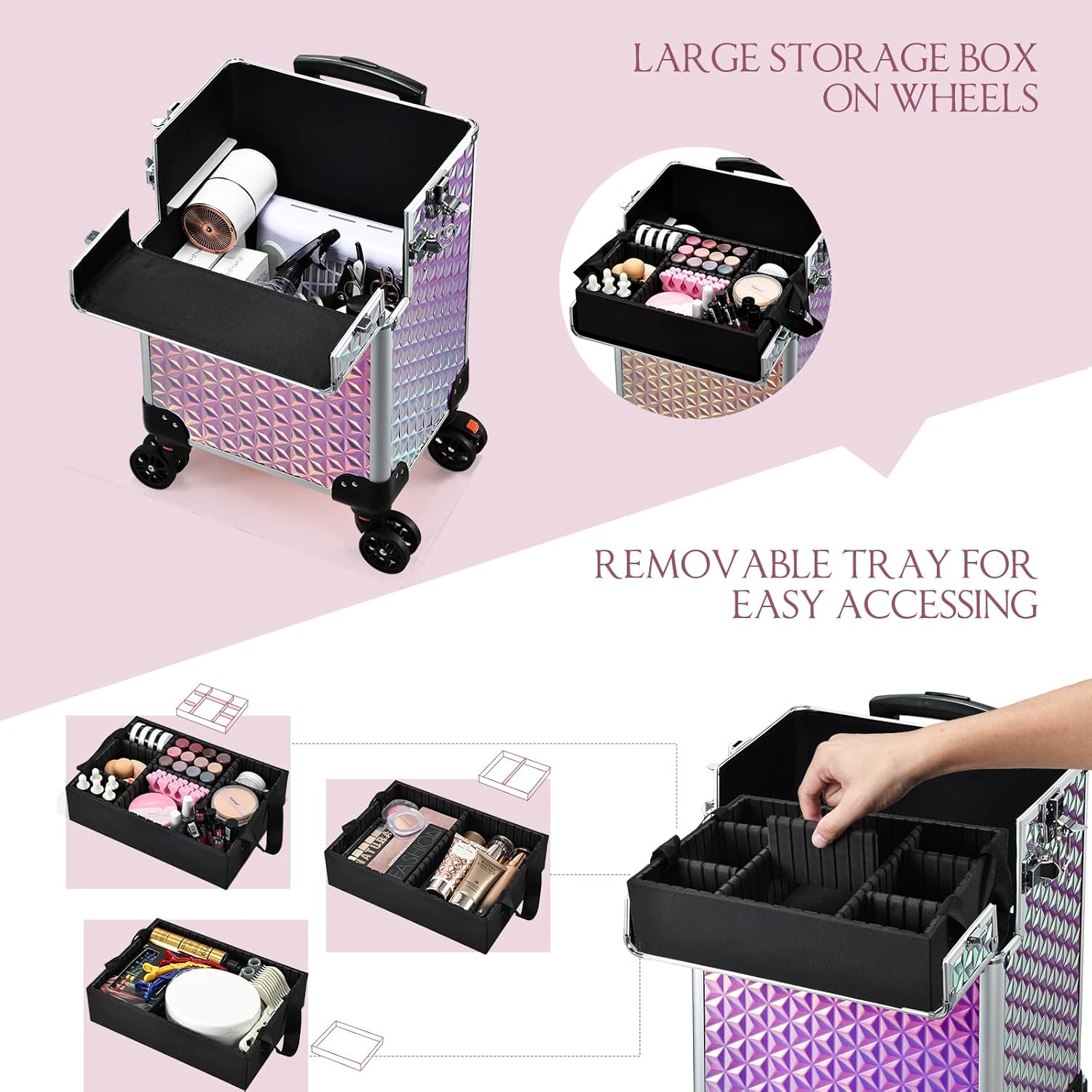 Rolling Makeup Train Case, 3-in-1 Makeup Trolley, Cosmetology Case on Wheels, Travel Makeup Organizer Case for Salon Barber Cosmetology Students, Nail Technicians, Hairstylists, and MUAs, Shiny Pink