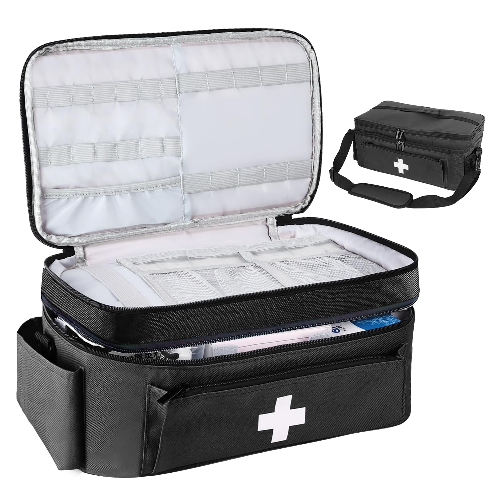 Borsa Medica Borsa per Infermiere Pronto Soccorso a 2 Strati con Divisori per Forniture Mediche Sanitaria Portatile per Sportiva, Campeggio, Visite, Domicilio Fisioterapisti -Nero