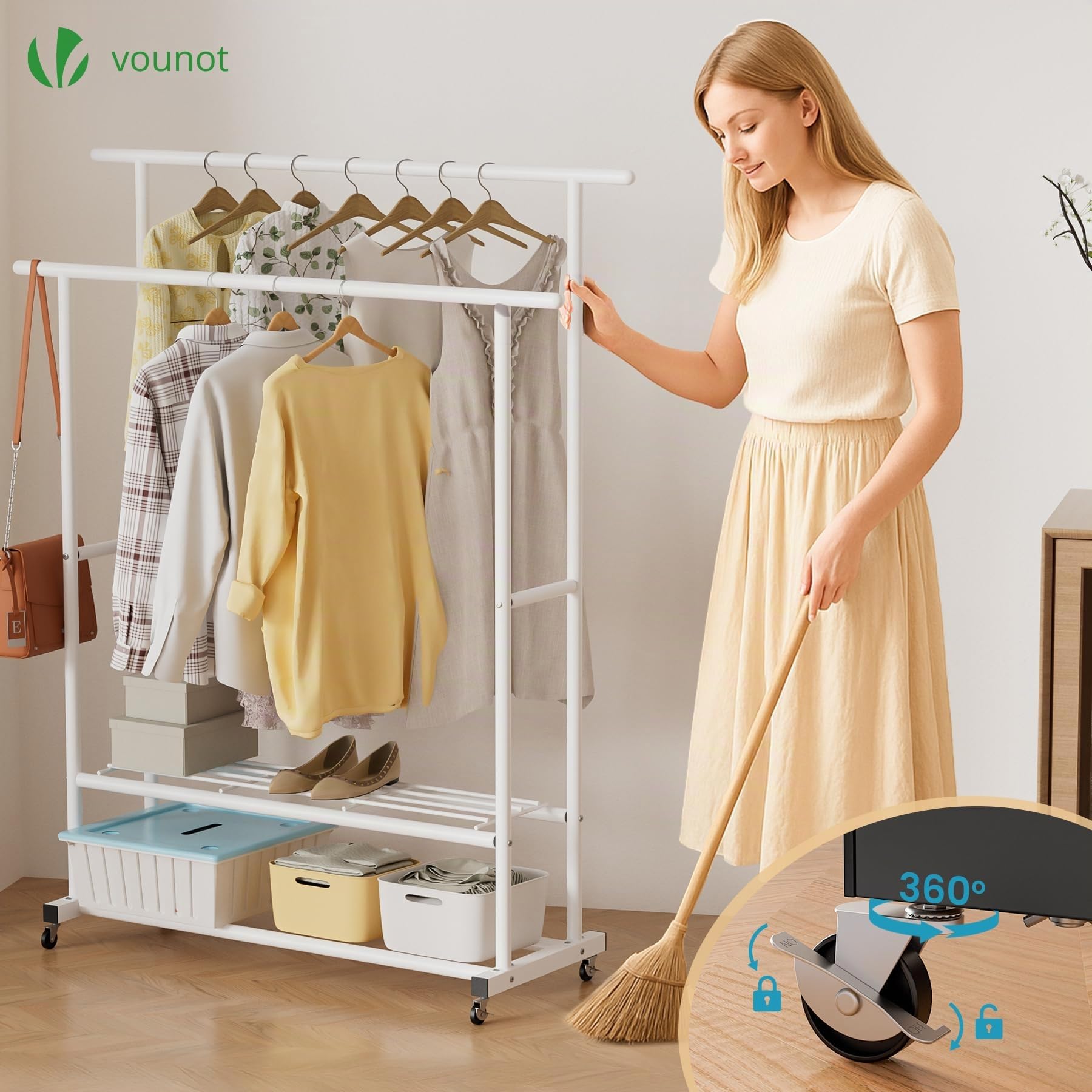 VOUNOT® Burro Ropa Resistente, Perchero Burro Metálico Doble Barra con Ruedas y 2 Estantes Inferiores, Organizador Móvil de Ropa con Zapatero, Colgador para Dormitorio y Vestidor, 120x40x146 cm Blanco