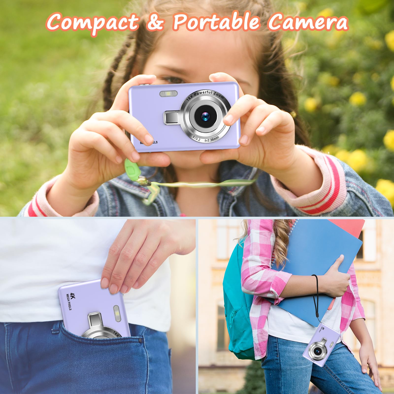 Fotocamera digitale 1080P FHD, 44MP con schermo LCD da 2.4", zoom digitale 16x, fotocamera digitale per vlogging fotocamera digitale portatile con scheda SD da 32 GB per bambini (Viola)