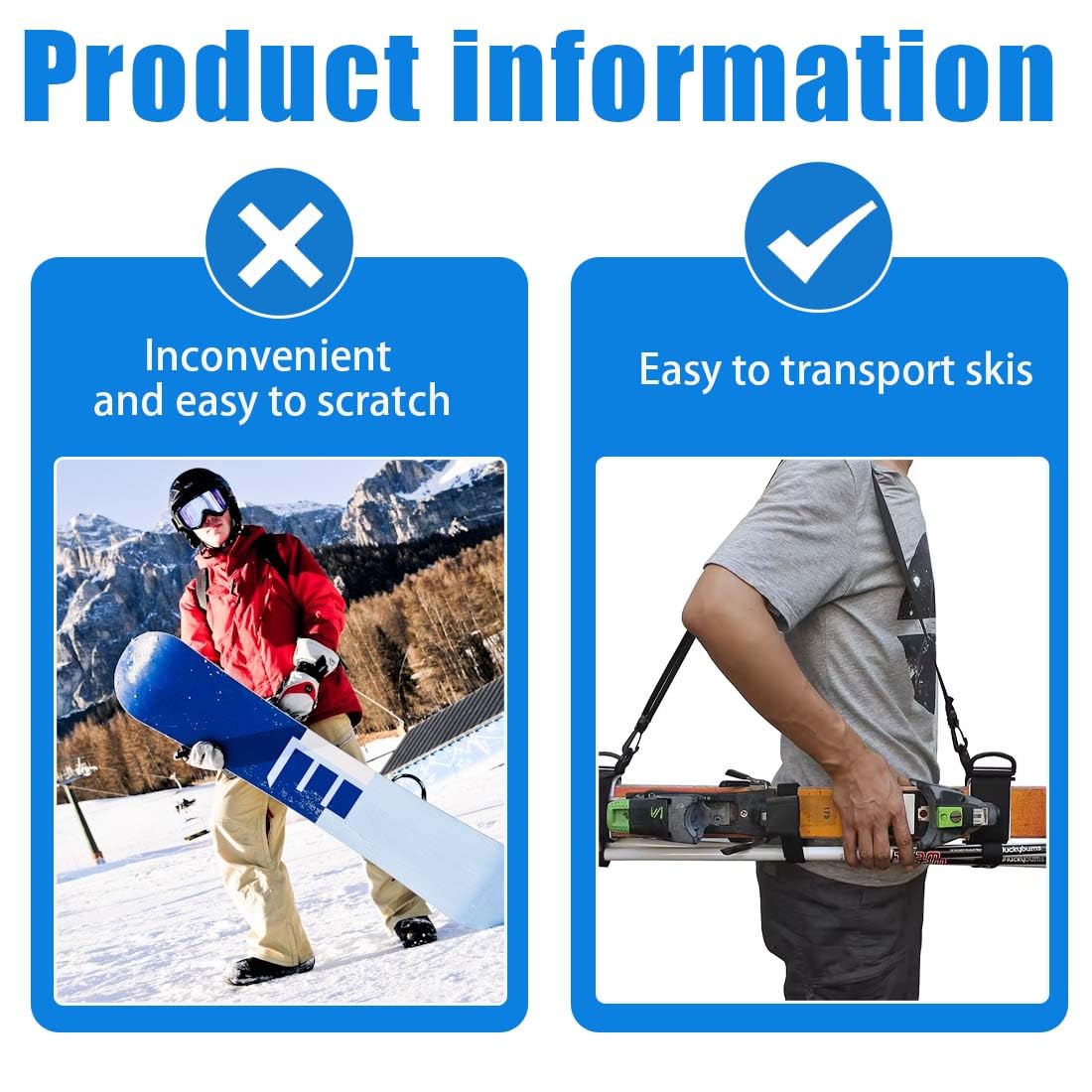 Sangle de Ski Réglable IKOPFLN - Bandoulière Porte-Ski avec Sac pour Bâtons de Ski, Accessoire de Transport pour Snowboard et Équipement de Ski