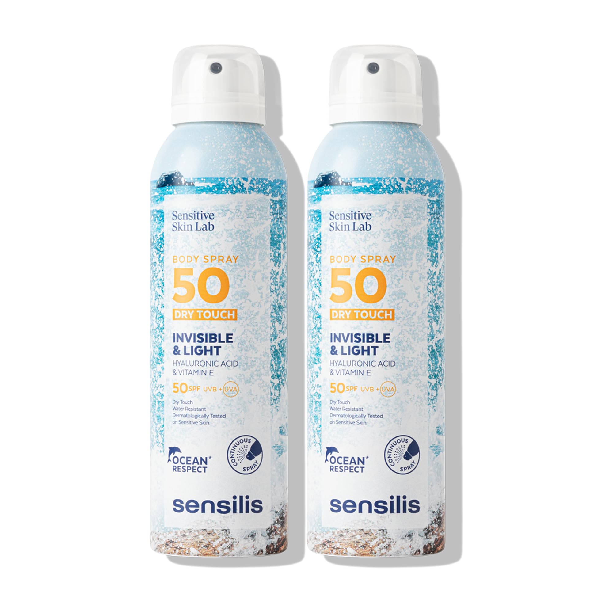 Sensilis - Duplo Body Spray Dry Touch SPF50, Protector Solar, con Ácido Hialurónico, Vitamina E y Aloe Vera, Calma, Hidrata, con Efecto Antioxidante, Apto en Pieles de Fototipos II y III - 2 x 200 ml