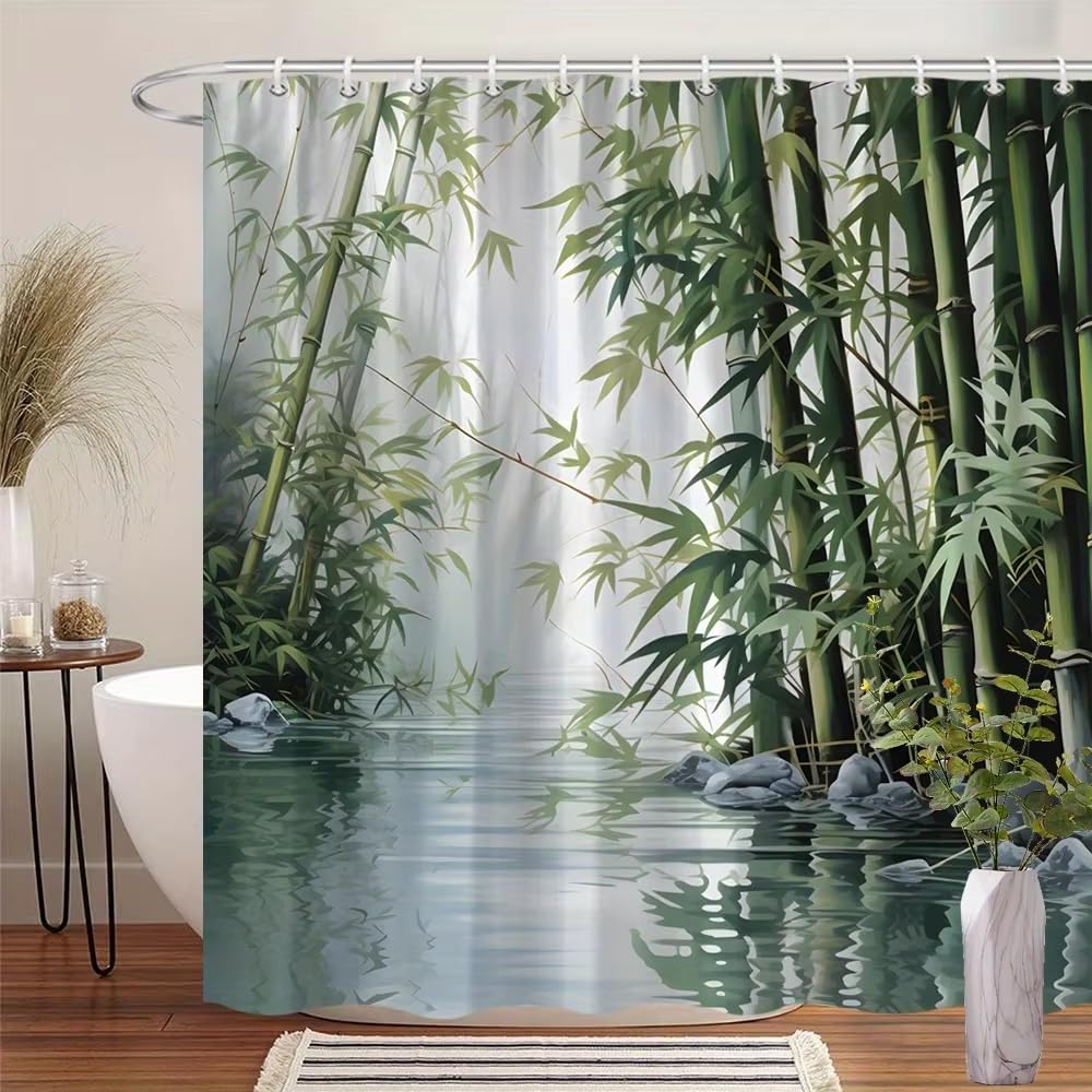 Generico Tenda Doccia con Motivo Foresta di Bambù, per Un Tocco Fresco e Naturale Al Tuo Bagno. Antimuffa, Resistente Alla Muffa, 100% Poliestere, Verde. 180 Cm X 200 Cm (1 Pannello).
