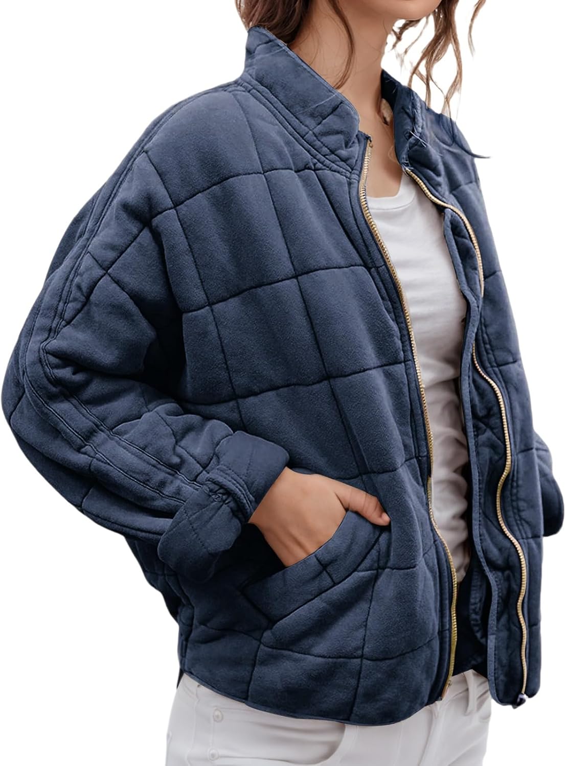Womens Puffer Jacket Oversized Quilted Jacket Lightweight Down Coat Stand Collar Zip Up Puffy Coat Winter Outwear
