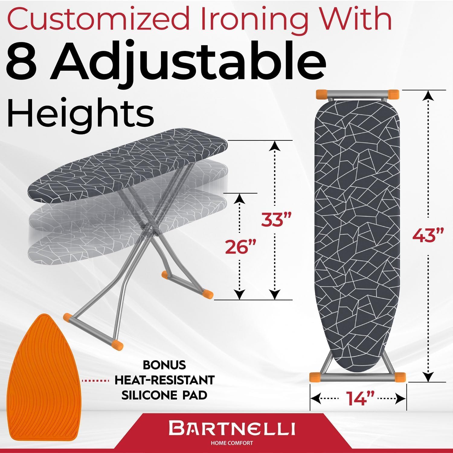 Bartnelli Compact Ironing Board, 13x43 Space-Saving Steel Foldable Iron Board, 4 Layer Cotton Cover, Adjustable Height, Bonus Hanger and Silicone Iron Pad