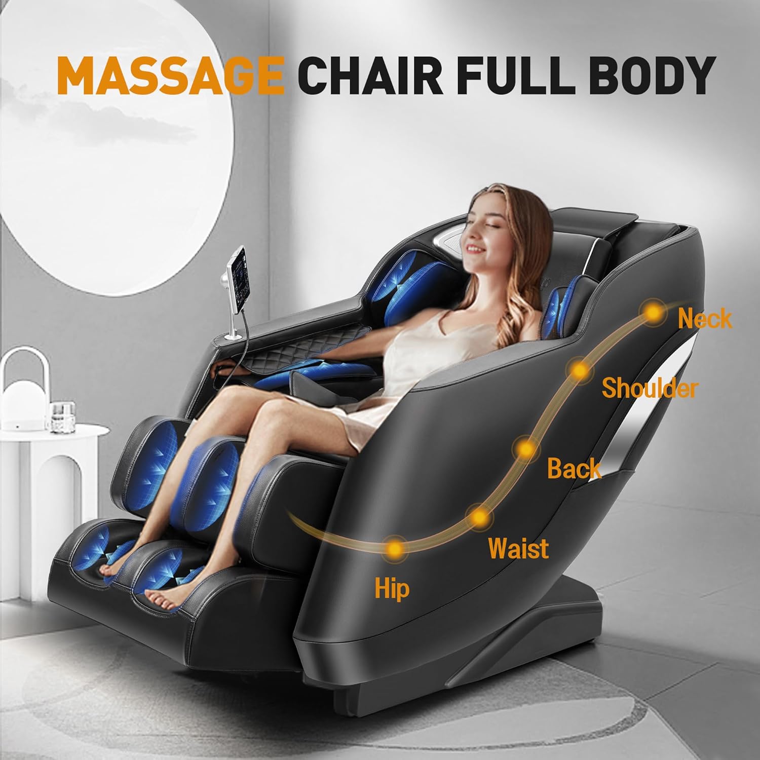 Massage Chair Full Body, Fully Assembled: with 8-Point Fixed Nodes, Zero Gravity, Waist & Leg Heating, Airbag Massage, Bluetooth Music, LED Remote, Foot Rollers, Auto Programs, Adjustable Calf