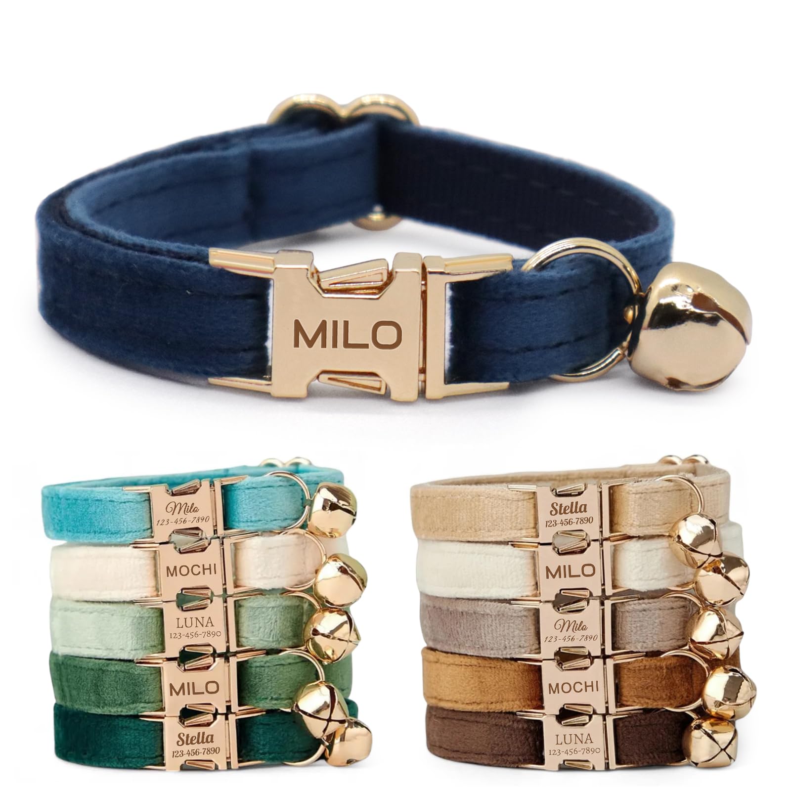 CHRYMPETIC Non-Breakaway Velvet Personalised Cat Collar with Name - Customisable Collar with Bell & Bow Tie Available (Dark Blue)