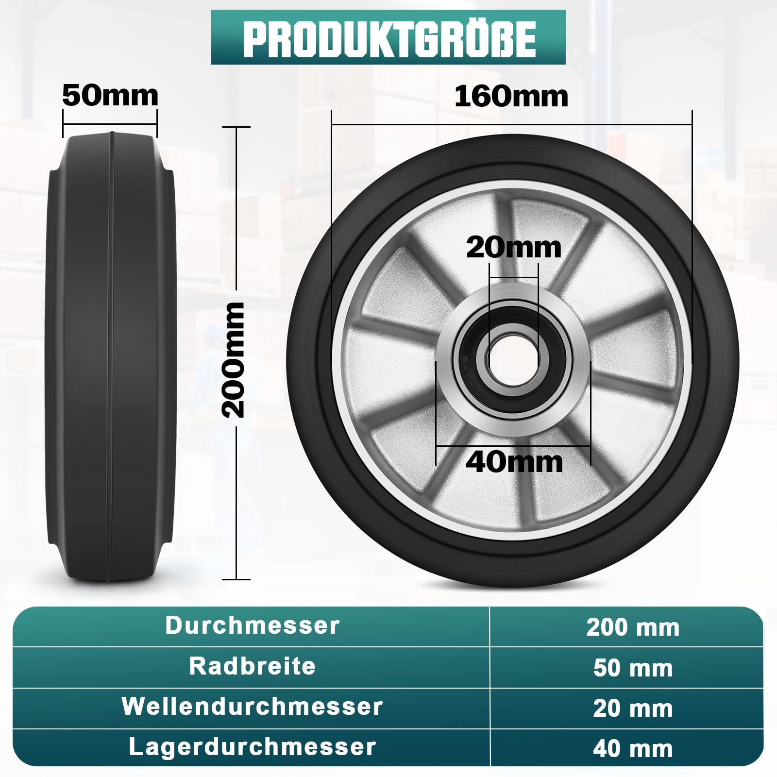 2 pezzi ruote in gomma per transpallet 200 x 50 mm, ruote di ricambio con cuscinetti a sfera | Asse 20 mm | Diametro 200 mm | Larghezza 50 mm | Carico massimo: 1500 KG