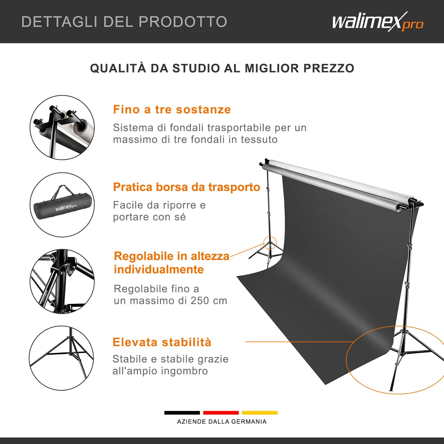 Walimex pro triplo sistema di sfondo 145-290 cm I per un massimo di 3 schermi in carta e tessuto I stabile per studio e mobile I per fotografia, video e schermo verde