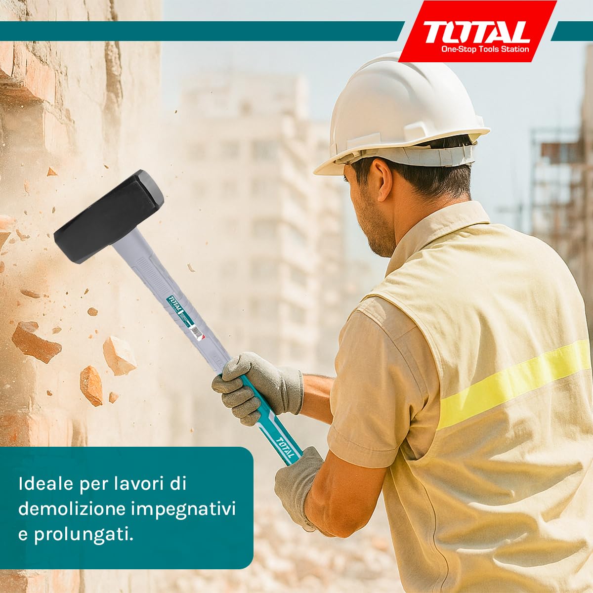 TOTAL - Mazza in Acciaio - 4 kg e 900 mm di lunghezza - Ideale per la costruzione - Alta resistenza agli impatti - Testa quadrata in acciaio al carbonio forgiato - Manico in fibra