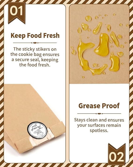 BakeChoice 50 pcs Small Bakery Bags with Window,60 Stickers,Kraft Brown Paper Bags for Cupcake/Cookie/Coffee Bean/Party Favor,Snack Packaging (8,89x5,85x19,05 cm)