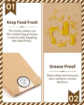 BakeChoice 50 pcs Small Bakery Bags with Window,60 Stickers,Kraft Brown Paper Bags for Cupcake/Cookie/Coffee Bean/Party Favor,Snack Packaging (8,89x5,85x19,05 cm)