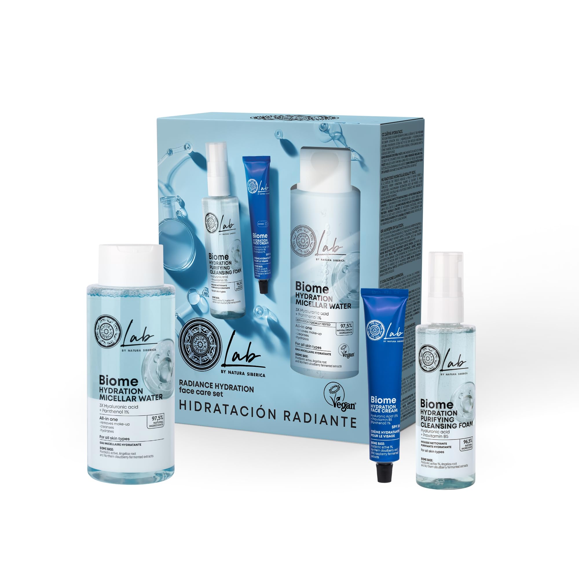 Natura Siberica Lab by NS Biome Hydration & Glow Face Care Set with Hydration Micellar Water, Hydration Purifying Cleansing Foam & Hydration Face Cream, 400ml/200ml/50ml