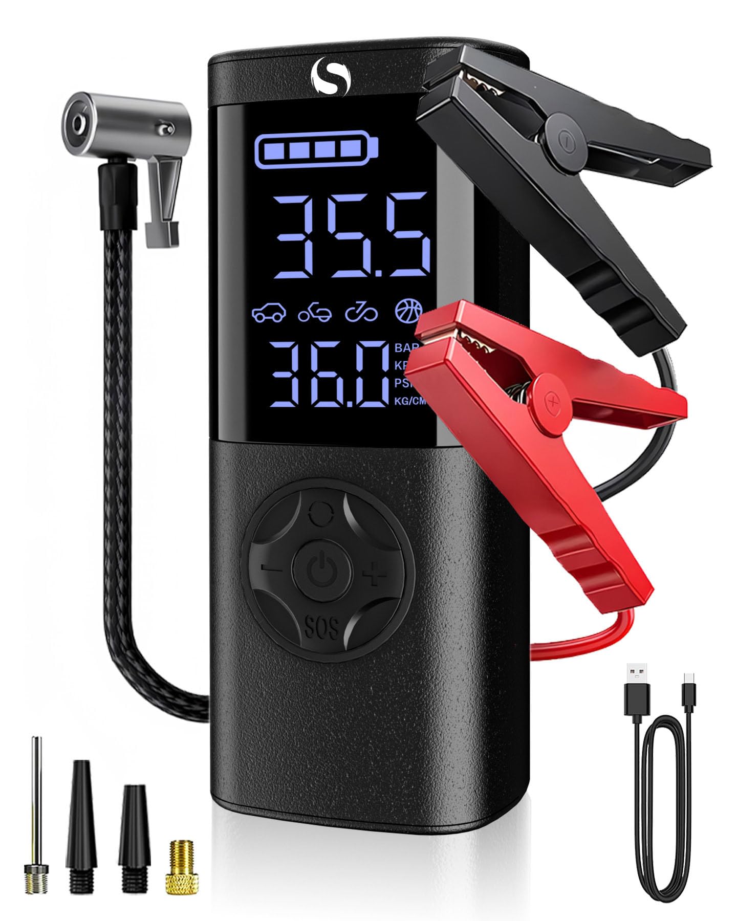 Jump Starter with Air Compressor Jump Box Car Jumper Starter Portable with Jumper Cables for Cars Motorcycles LED