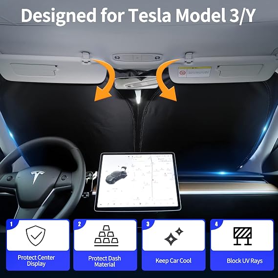 Güneşlik, Tesla Model 3 Y 2019-2025 için özel olarak tasarlanmıştır - Ön Cam Güneşliği, Çift Katmanlı Karartma Kumaş, Saklama Torbalı Katlanabilir, Tesla Model 3/Y için Aksesuarlar