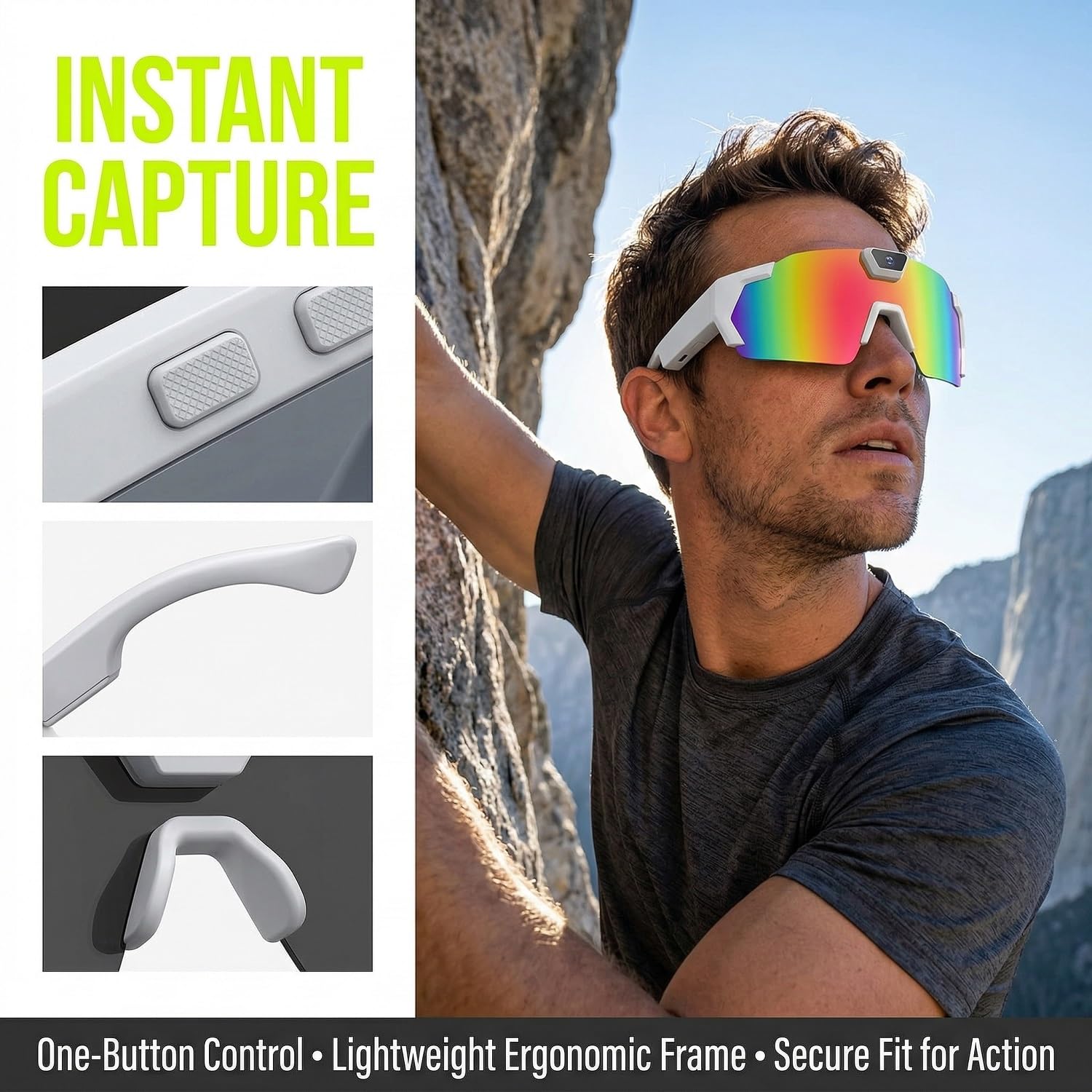 Occhiali da sole con action camera 4K – Occhiali da sole con registrazione video POV a mani libere, polarizzati, occhiali sportivi intelligenti per escursionismo, ciclismo, baseball, batteria da 2 ore