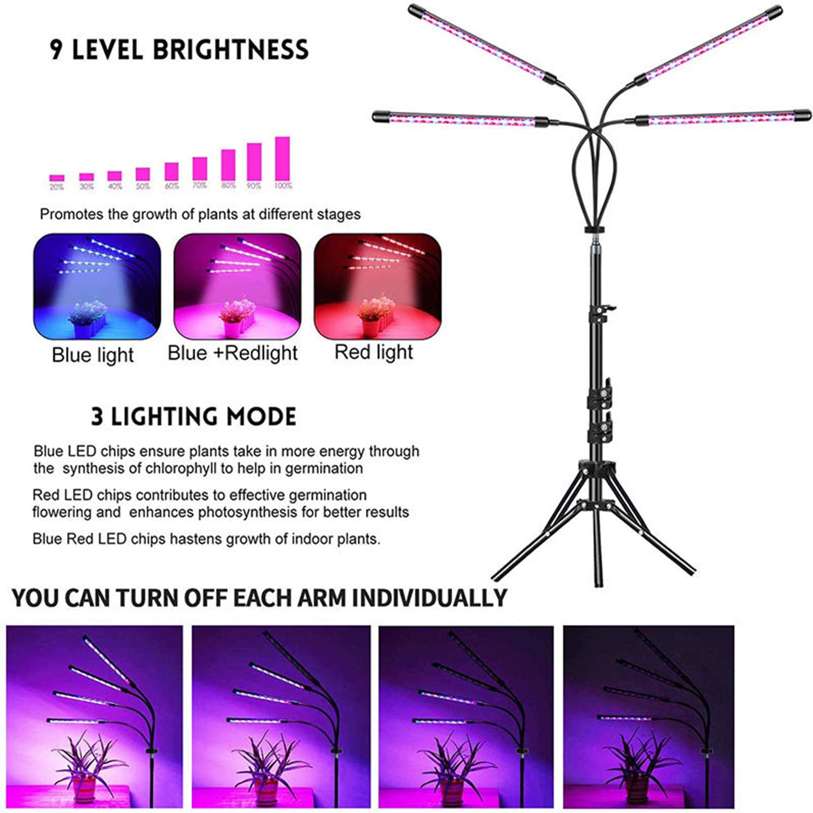 Lampada per Piante, 4 Luci A LED da Terra con Treppiede Regolabile per Piante da Coltivazione Interno, 80LED con Timer Automatico 4H/8H/12H,Spettro Completo, 3 modalità 9 Livelli di Luminosità