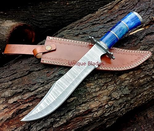 Miniatura 6 de Cuchillo Bowie - Cuchillo de caza de acero de Damasco de 15 pulgadas, cuchillo de espiga completa con funda, cuchillo defensivo de supervivencia