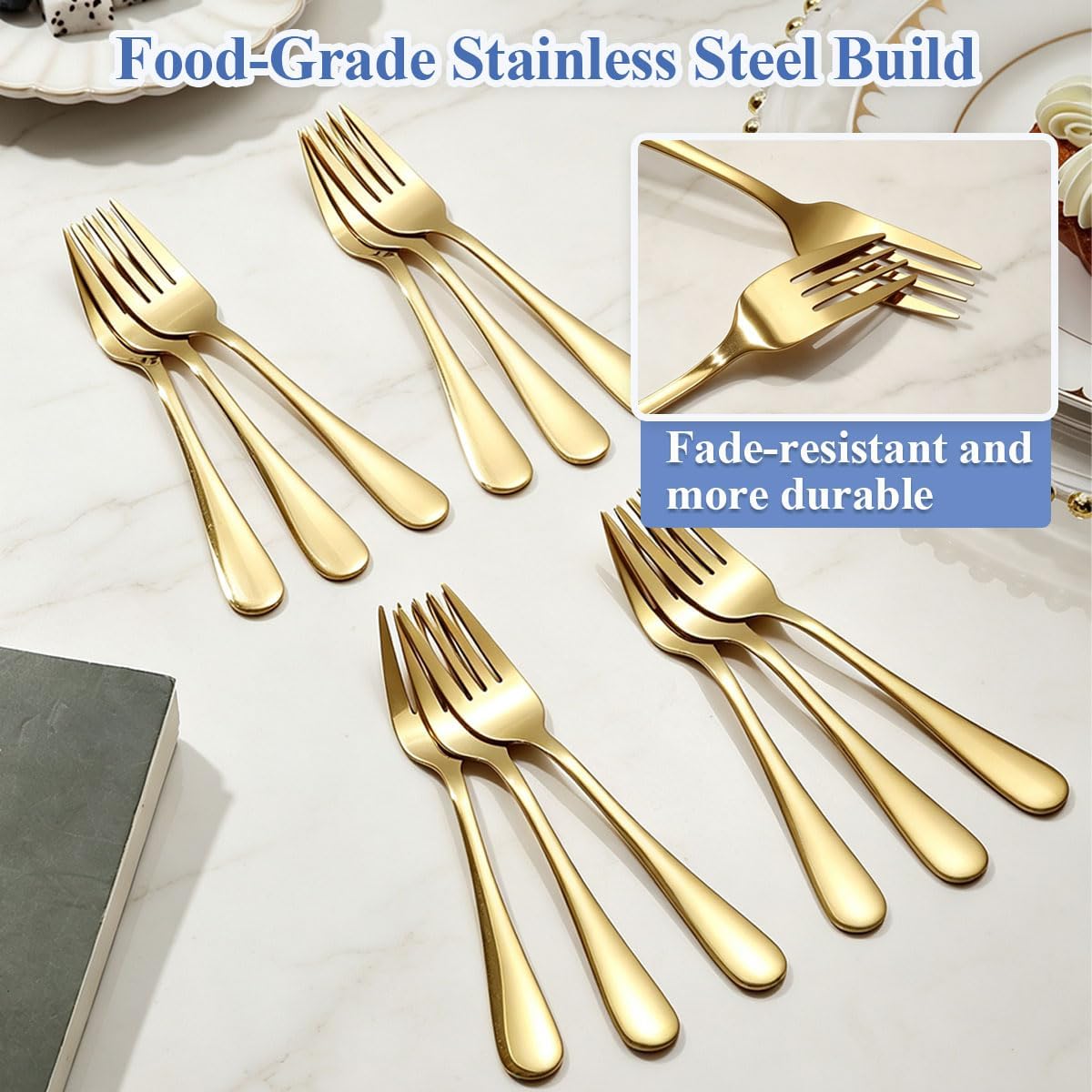 Gold Dessert Forks Set of 12pcs 5.5“ Berglander Titanium Golden Plating Stainless Steel Cake Fork Appetizer Small Forks for Dessert, Cake,Fruit, Cheese, Party, Restaurant, Cafes Dishwasher Safe